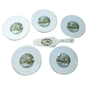 Lot of 5 Harkerware Salad Dessert Plate Cake Server Christmas Snow Winter Scene